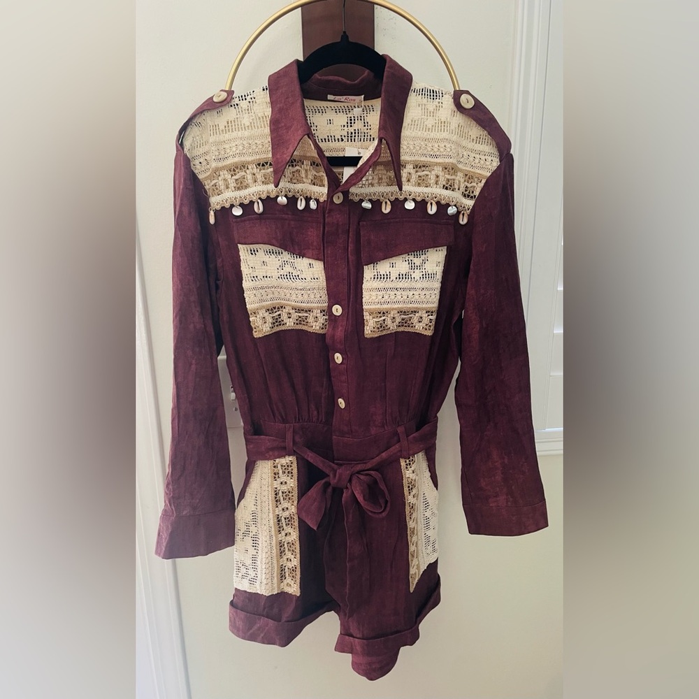 La'Ros Burgundy/Brown Faux  Suede Romper with Crochet Lace & Shell Trim